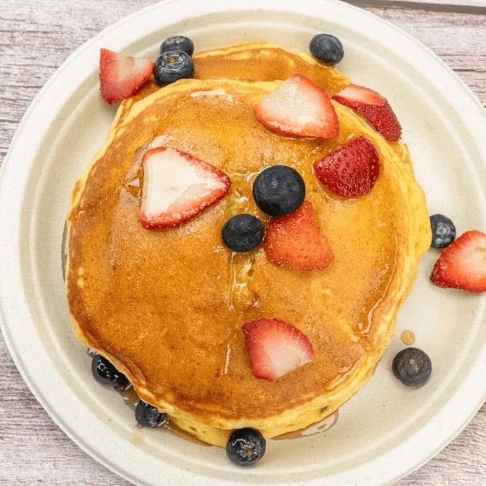 Golden pancakes topped with fresh strawberries, blueberries, and a drizzle of syrup on a white plate.